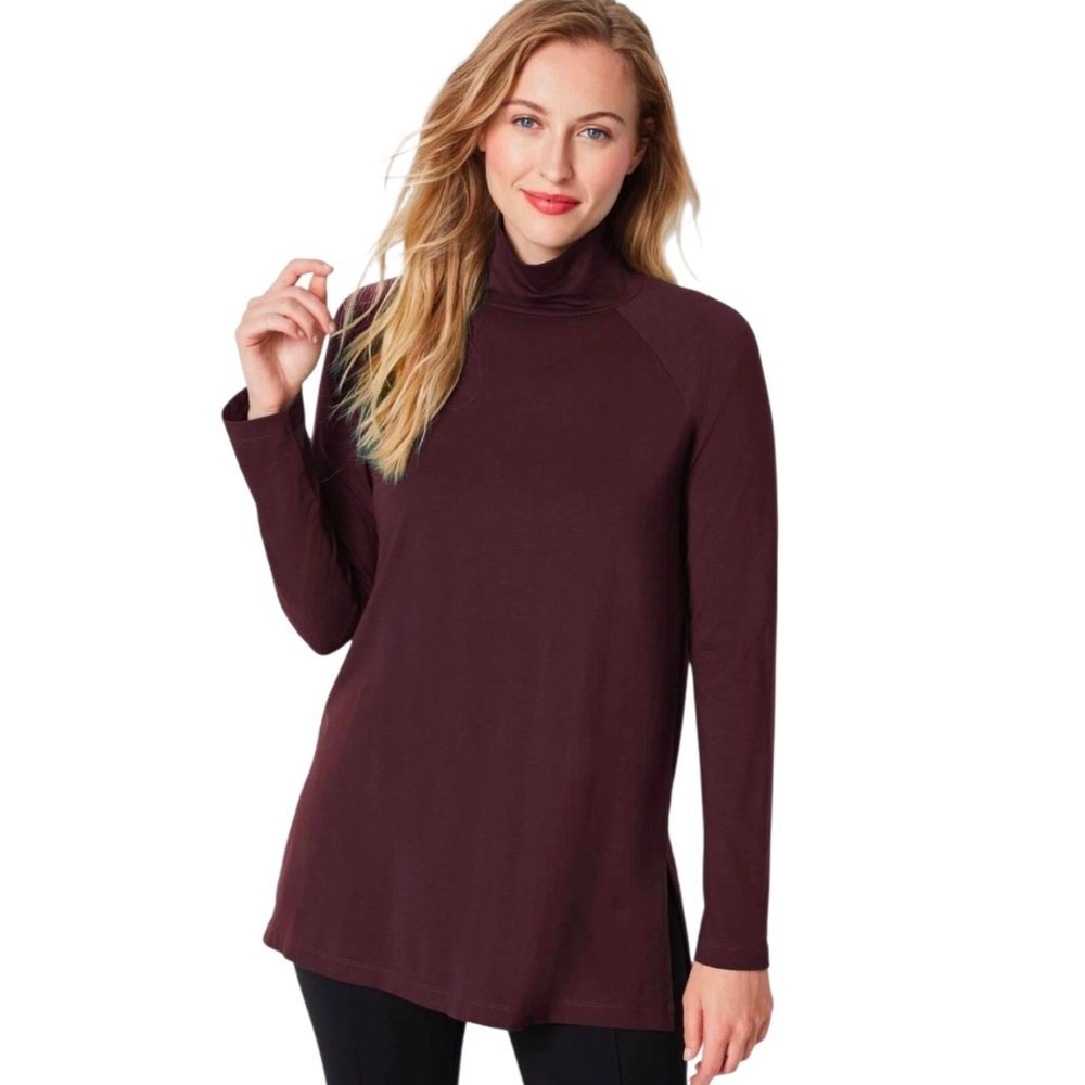 J. Jill Luxe Supima Cotton Everyday Turtleneck Tunic Top, Spiced Wine, Sz Large